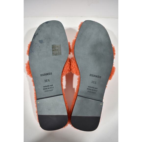 Hermes Oran Teddy Shearling Fur Orange H Logo Slide Sandal Mule Flat Flop 36.5 - Picture 12 of 12
